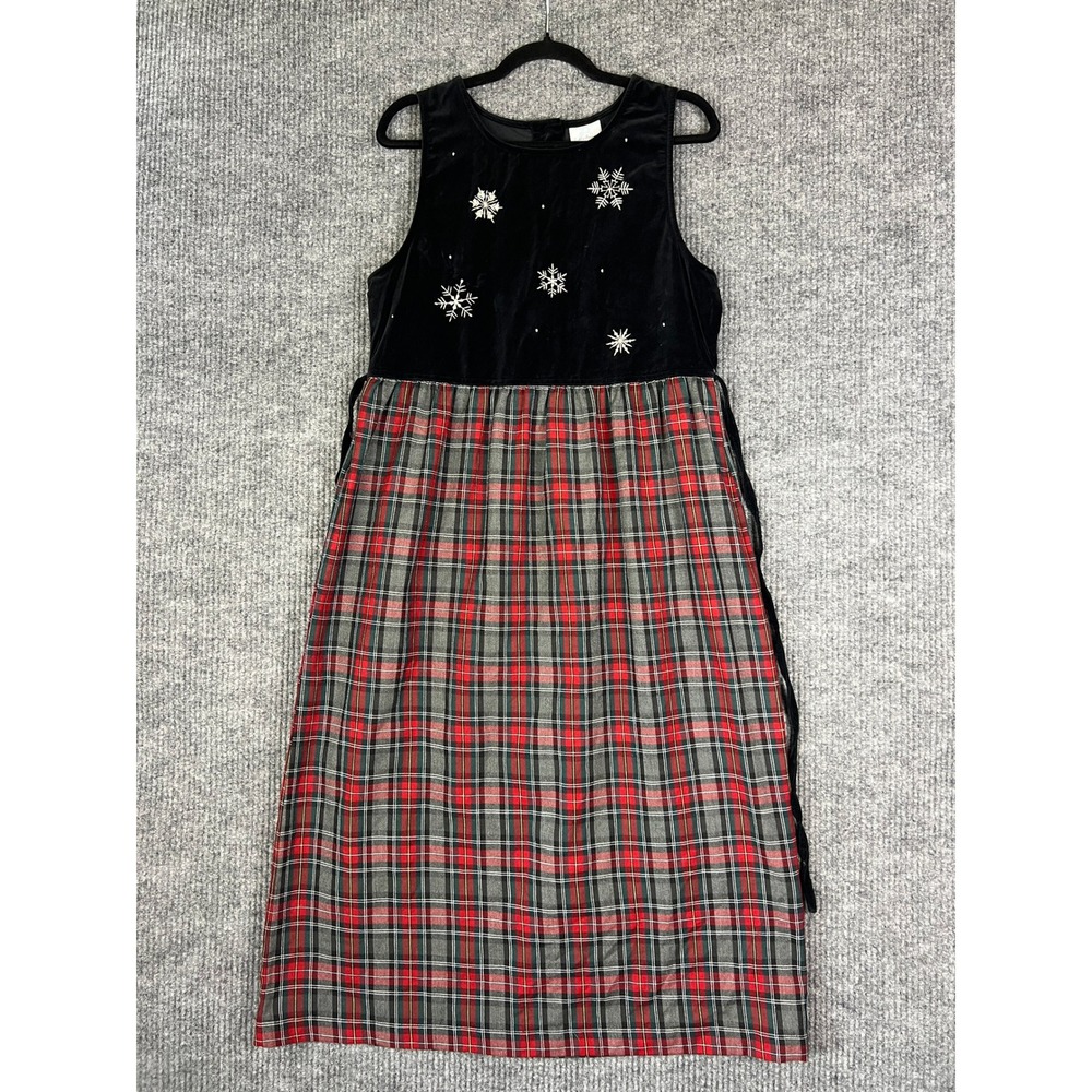 Vintage Bobbie Brooks 90s Holiday Tartan Plaid Velvet Snowflake Dress Overised S